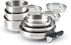 Qulinart by Brandt - Batería de cocina para inducción (10 piezas, 3 sartenes, 3 estufas y 3 tapas, coladores con asa extraíble, acero inoxidable, lote para todo fuego, color plateado