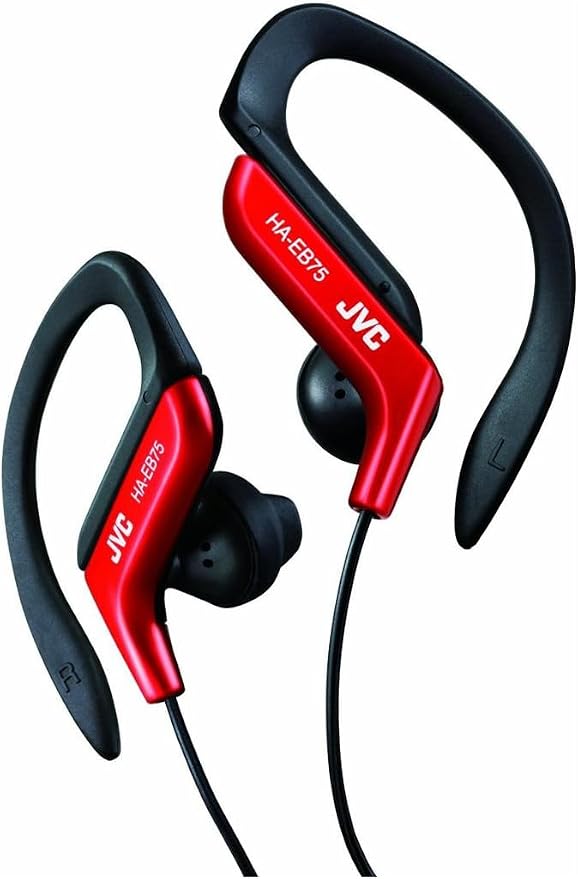 Auriculares Deportivos JVC HA-EB75-RN-U. Auriculares con Gancho Regulable. Ajuste 5 Posiciones, Resistente a Salpicaduras, Sonido Potente con Graves, Cable 1,2m Compatible con Smartphone. Color Rojo