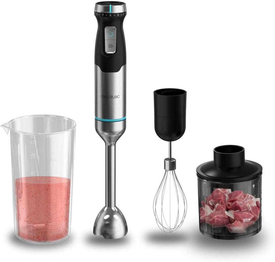 Cecotec Batidora de Mano Power Pulsar 2300MAX Cream&Crush. 2300W Potencia Máxima, Cuchillas De 4 Hojas de Acero Inox, Pie XL, Vaso 700ml con Tapa, Picadora y Varilla Montaclaras