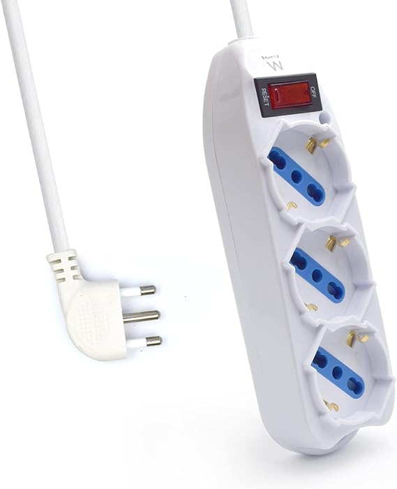 Multipresa a 3 Posti, Ciabatta Elettrica con 3 Prese Schuko/Tedesche e Italiane 10A/16A - Spina Italiana 10A - Potenza 250V/2500W - Cavo da 1,5 Metri, Prese Angolate a 45°