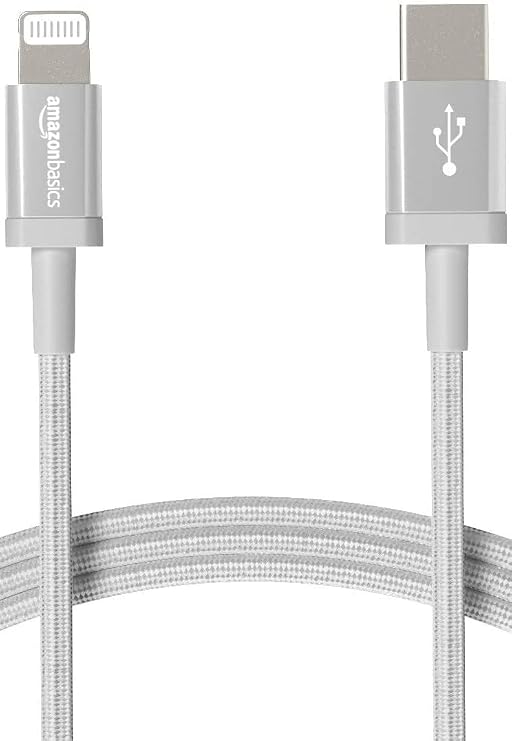 Amazon Basics Cable trenzado de nylon USB-C a Lightning, cargador certificado por MFi para iPhone 13/12/11/X/XS/XR/8, Type-C, PD de Carga Rápida, color plateado, 1.8 m