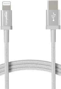 Amazon Basics Cable trenzado de nylon USB-C a Lightning, cargador certificado por MFi para iPhone 13/12/11/X/XS/XR/8, Type-C, PD de Carga Rápida, color plateado, 1.8 m