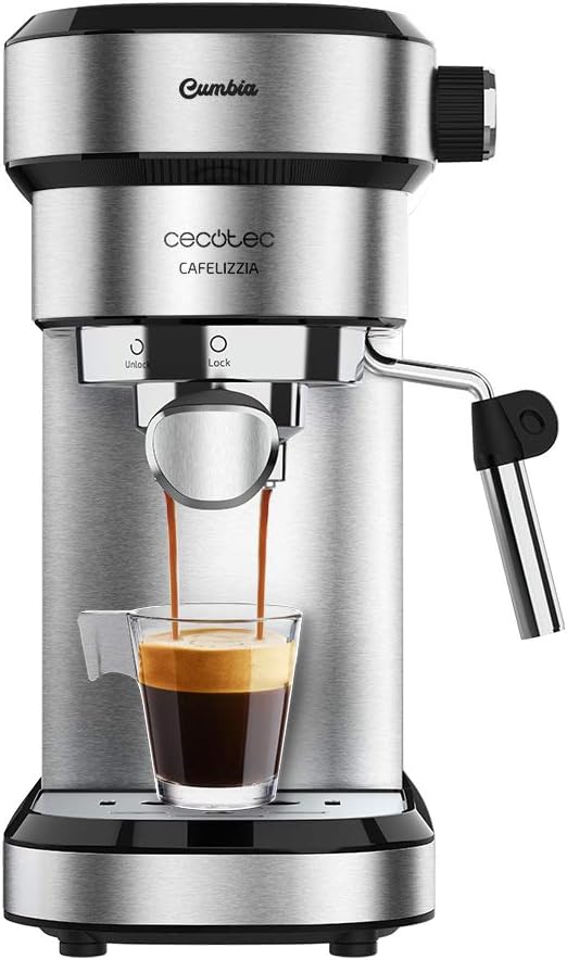 Cecotec Cafetera Express Cafelizzia 790 Steel para Espressos y Cappuccinos. 1350 W, Brazo portafiltros con Doble Salida y Dos filtros, 20 Bares de Presión, Depósito Extraíble de 1,2L, Acero