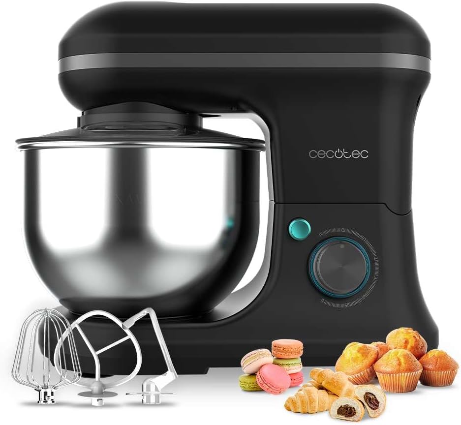 Cecotec Batidora Amasadora Cecomixer Merengue 5L 1200 Negro, 1200 W en 6 Niveles, 5 Funciones, Movimiento Planetario, Diseño Elegante, Bol de Acero de 5 L y Accesorios para Batir y Amasar