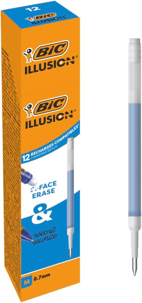 BIC Illusion Recambios Compatibles con Bolígrafo Borrable con Tinta Termosensible y Goma de Borrar - Azul, Caja de 12