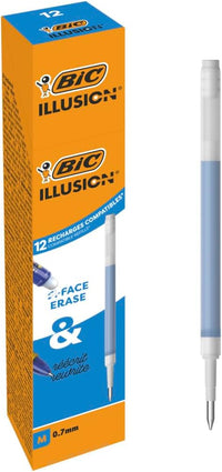 BIC Illusion Recambios Compatibles con Bolígrafo Borrable con Tinta Termosensible y Goma de Borrar - Azul, Caja de 12