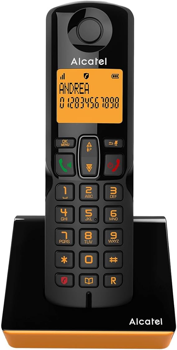 ALCATEL S280 - Teléfono inalámbrico DECT - Diseño Compacto - Pantalla Grande retroiluminada - Manos Libres - Bloqueo de Llamadas - Agenda 50 contactos - Negro/Naranja