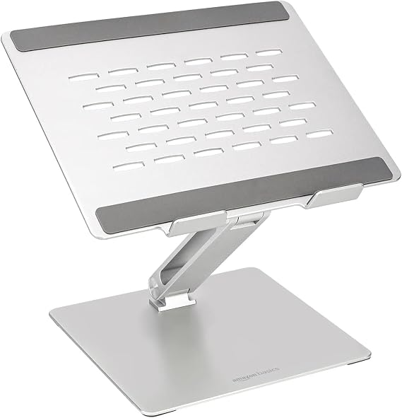 Amazon Basics Soporte Ergonómico Ajustable para Laptop, Multiángulo con Ventilación de Calor, Bisagras Pretensadas para Mayor Estabilidad, Compatible con Laptops de 10 a 17 pulgadas, Plateado