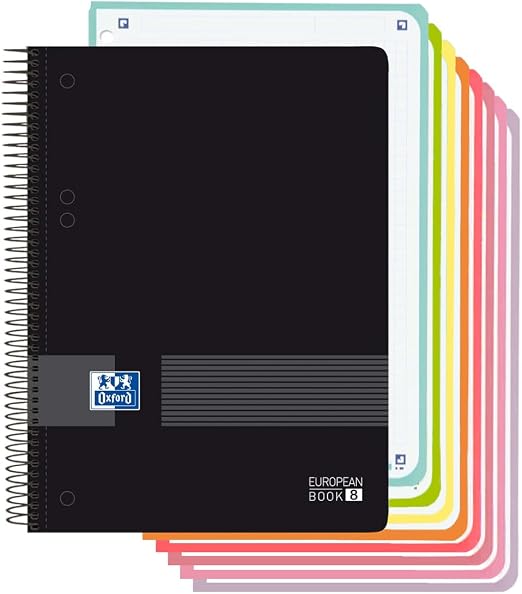 Oxford, Cuaderno A5 Cuadriculado 5x5, Tapa Plástico, 160 Hojas, 8 Bandas de Color, Libreta Microperforada, Color Negro