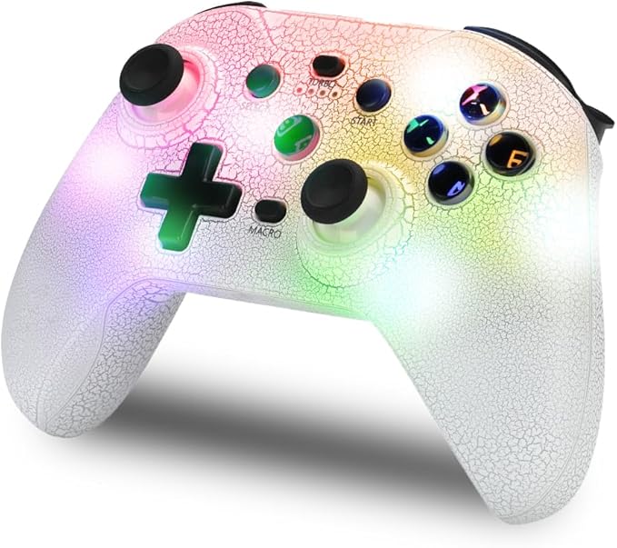 NK Mando Switch Inalámbrico - LED RGB Ajustable, Switch/PC/Android/iOS, Función Turbo, Ajustes Macro, Bluetooth, 6 ejes, 4 Modos de Vibración - Color Blanco (Incluye Soporte Smartphone)