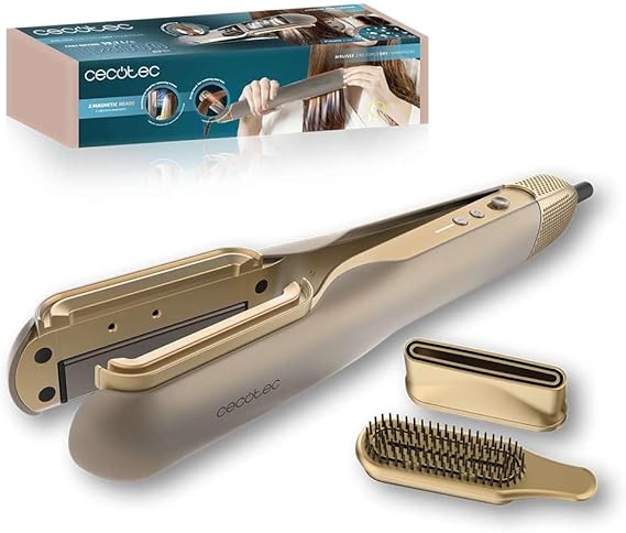 Cecotec Plancha de Pelo con Aire AirLisse 2in1 ForceDry Champagne. 1120000RPM, Flujo de Aire 19,7 Litros por Segundo, 2 Cabezales Imantados, Plasma, Motor Brushless, 4 Temperaturas y 2 Velocidades