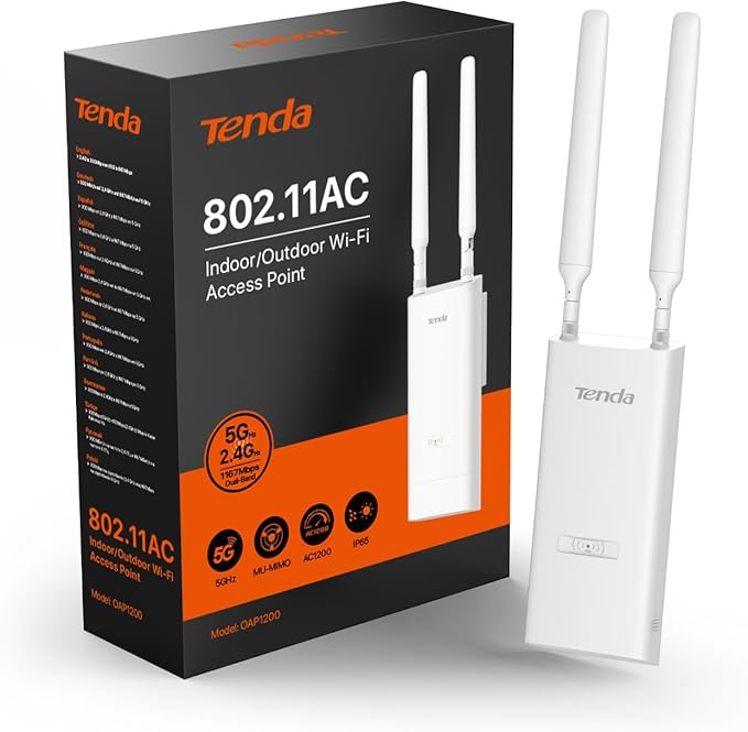 Tenda OAP1200 AC1200 Punto de Acceso Inalámbrico Gigabit para Exteriores, Doble Banda, Soporta PoE 802.3at/PoE Pasivo, Montaje en Pared/Poste, IP65 Resistente al Agua, MU-MIMO, Modos Ap/Repetidor