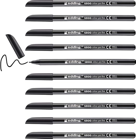 edding 1200 Feutre de coloriage pointe fine - noir - 10 stylos - pointe ronde 1 mm - stylo pour ecriture, dessin, coloriage