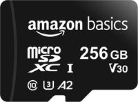 Amazon Basics Tarjeta de memoria microSDXC con adaptador de tamaño completo, A2, U3, velocidad de lectura de hasta 100 MB/s, 256 GB, negra