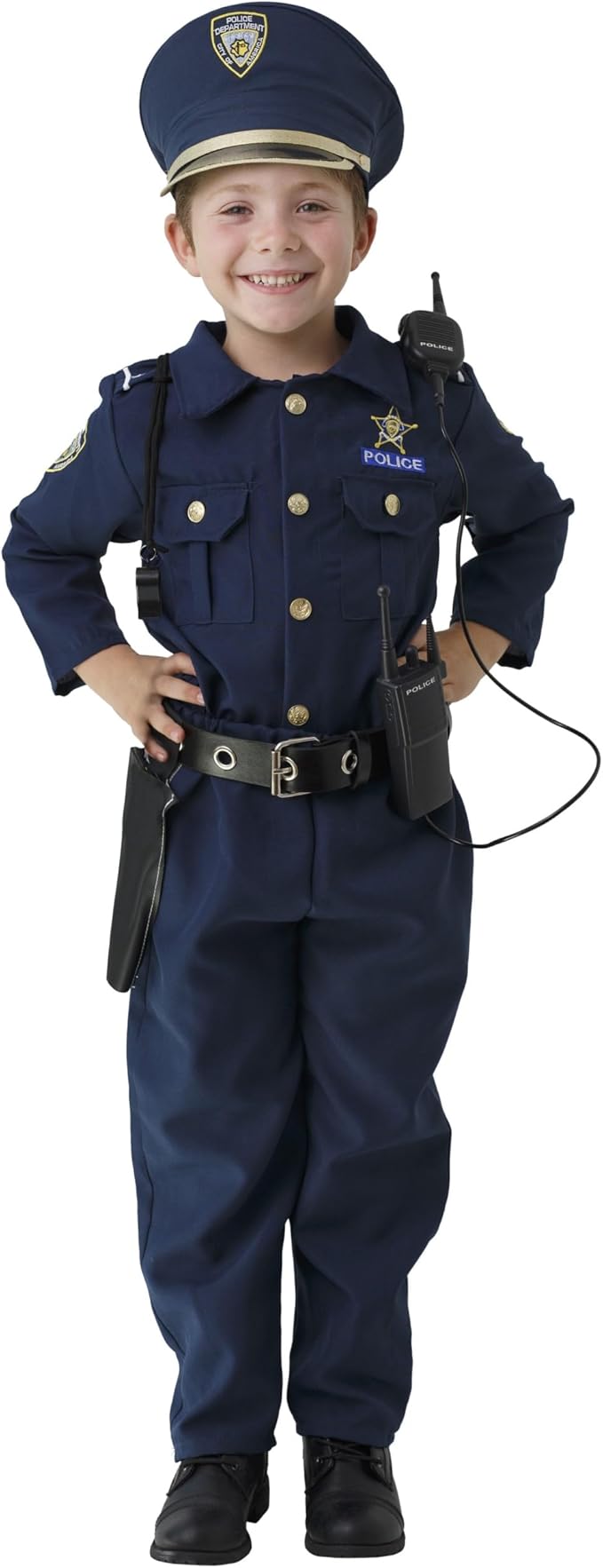 Dress Up America Disfraz De Policía Para Niños - Disfraz De Policía De Juego De Rol Para Niños - Conjunto De Camisa, Pantalones, Gorro, Cinturón, Silbato, Funda Para Pistola Y Walkie Talkie De Policía