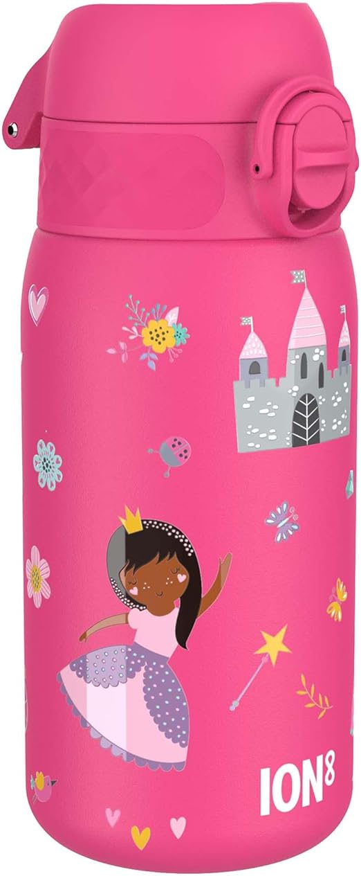 ion8 Botella Agua Inox Ligero para Niños, 400ml, Sin Aislamiento, a Prueba de Fugas, Fácil de Abrir, Cerradura Segura, Apta para Lavavajillas, Tapa Abatible, Fácil de Limpiar, Princesa