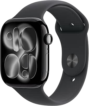 Apple Watch Series 11 GPS con caja de aluminio en negro azabache de 46 mm y correa deportiva negra-Talla S/M.Calidad del Sueño,monitores de entreno y salud,pantalla siempre activa, resistencia al agua