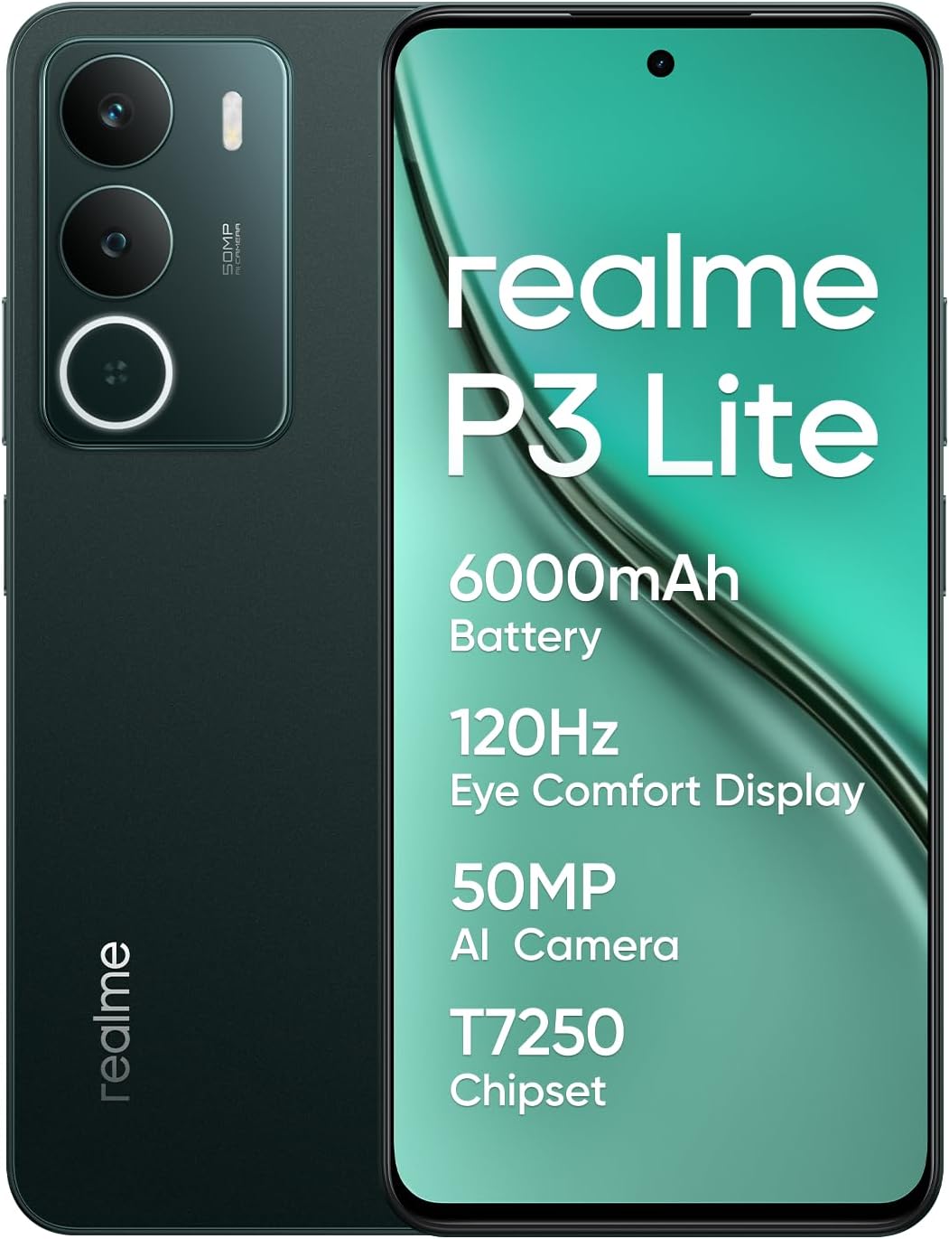 realme P3 Lite Telephone Portable 24(8+16) GB+256GB, 6000 mAh Smartphone, 6,67" Écran 120Hz Téléphone Android 15, Antichoc 1,5m, Épaisseur 7,79mm, 50 MP, T7250 Octa-Core, NFC (sans Chargeur)-Vert