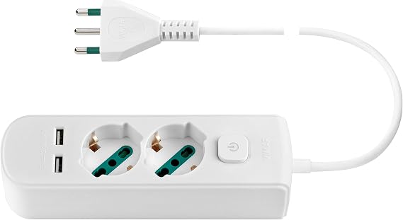 Vimar 0R00625.CC.B Enchufe múltiple con Interruptor y Cable de 1,5 m, 2 Salidas SICURY Universal estándar Italiano, 2 Salidas USB A, Enchufe estándar Italiano, Blanco