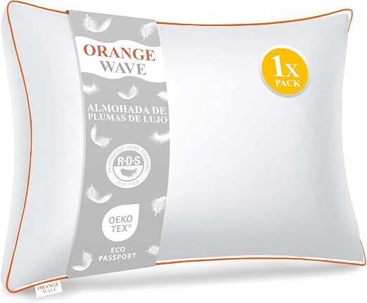 Orange Wave Almohada de Plumas 40x80cm – Cojín de Lujo de 40x80 cm con Plumón y Plumas Naturales, Comodidad Suave y Ergonómica para un Soporte Noches Placenteras, certificada RDS y Oeko-Tex