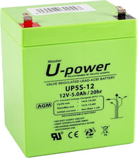 U-Power Batería AGM 12V 5Ah Sellada Recargable – Plomo-Ácido VRLA para Alarmas, SAI/UPS, Seguridad, Juguetes Eléctricos y Más – Terminal Faston F1 (4.8 mm)