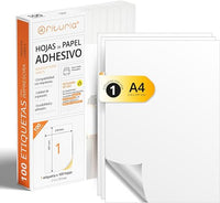 OFITURIA - Etiqueta Adhesiva Blanca (A4) Papel de Pegatina para Imprimir Pack 100 Folios con Papel Adhesivo Permanente y Facil Despegue (1 Etiqueta por Hoja | 100 Hojas)