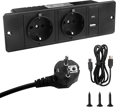 Getyjoe Enchufe Empotrable Mesa, Toma de Sobremesa, Regleta Empotrable, 2 Enchufes con 1 USB y 1 Type-C 1,5m Cable para Muebles o Superficies de Trabajo (Negro PD20W)