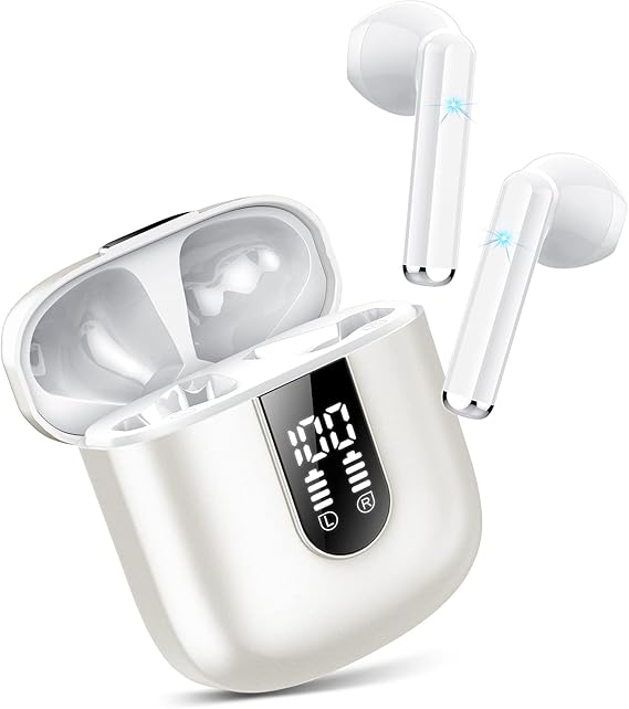 Jesebang Auriculares Inalámbricos, 2025 Auriculares Bluetooth 5.3 con HD Micrófono, Cascos Inalambricos Bluetooth con Potentes Altavoces de 13 mm, Sonido Melodioso, LED Pantalla, Blanco Perlado