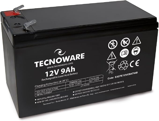 Batería de Plomo-ácido Tecnoware 12 V - para SAI, videovigilancia y Sistemas de Alarma - Conexión Faston 6.3 mm - Dimensiones 15,1x 9,4 x 6,5 cm - Capacidad 9 Ah, Blanco