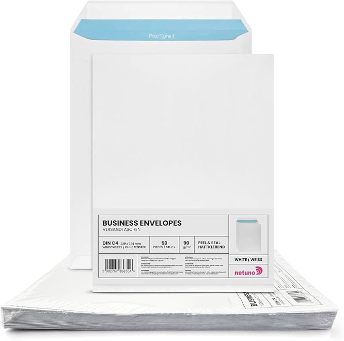 Netuno 50 sobres blanco C4 229 x 324 mm 90 g papel con impresión interior azul sin ventana solapa recta cierre autoadhesivo para A4