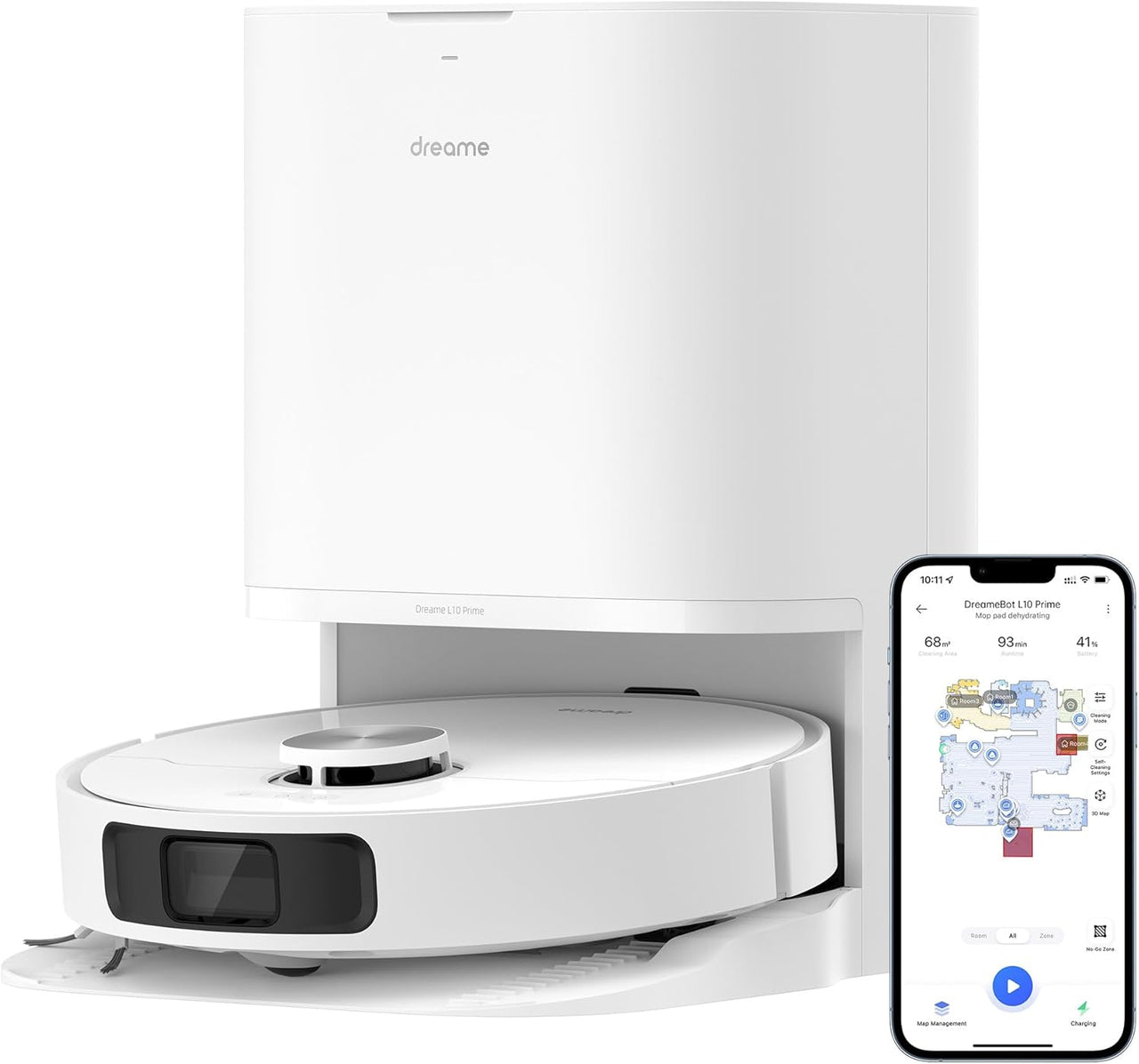 dreame L10 Prime Robot Aspirador y Fregasuelos, 4000Pa Robot Aspirador con Elevación de Mopa hasta 7mm, Mopa autolimpiante, LDS Navegación, 3D Mapeo, Controlado por App, Alexa, Remoto