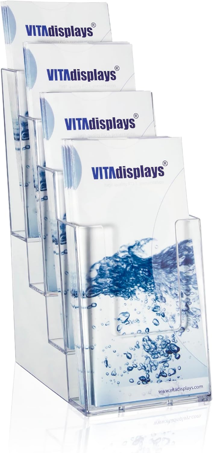 taymar 4C110 Prospekthalter/Flyerhalter 4 Fächer DIN Lang (DL), Polystyrol, Transparent
