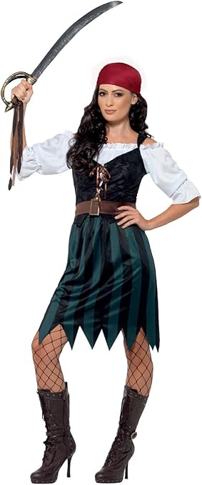 Smiffys Disfraz de marinera pirata, Azul, con camisa, falso chaleco, falda, cinturón y bandana Halloween, Carnaval