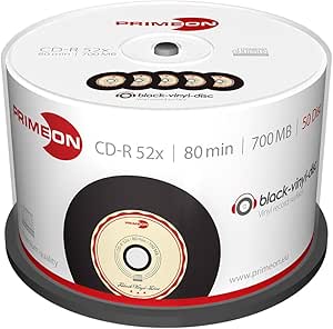 Primeon CD-R 80Min/700MB/52x Cakebox (50 Disc), black-vinyl-disc Surface, schwarz, beige,rot, 700 MB