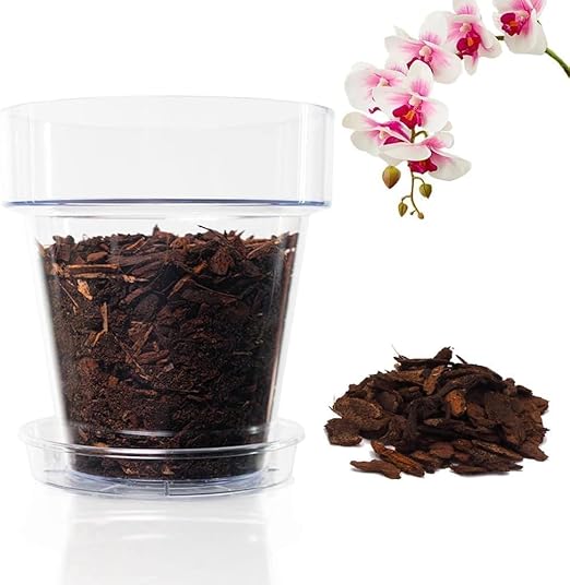 Kalapanta Kit para Trasplantar Orquídeas: 1 Maceta Transparente Ø16cm con Agujeros de Drenaje, 1 Plato Ø14cm, 1 Saco de 2L de Tierra específica para Orquídeas