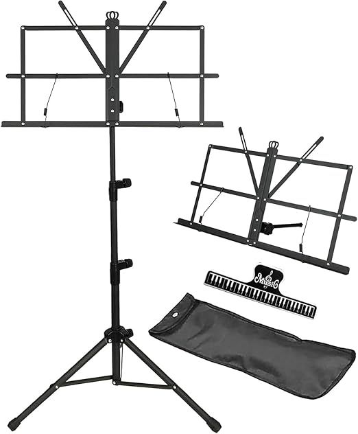IRONTREE Atril Musical - Atril de Mesa Dual 2 en 1 Plegable, Soporte para Partituras Portátil y Ligero con Clip para Partituras y Bolsa de Transporte