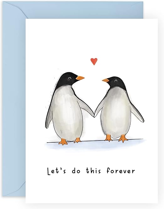Central 23 - Tarjeta aniversario boda para pareja - Para marido esposa - Lindos pingüinos - 'Let's Do This Forever' - Para novio novia prometido - San Valentin - Viene con pegatinas