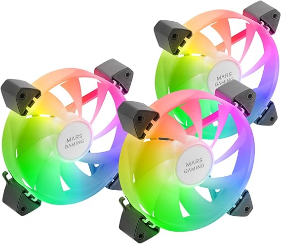 Mars Gaming MF-3A, Kit 3x Ventiladores FDB Ultrasilenciosos 120mm, Iluminación ARGB Rainbow 360º Sin Marco, Ventialdores 3en1 con Compatibilidad Total ARGB, Doble Conector ARGB Macho + Hembra, Negro