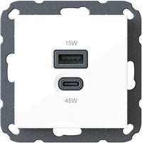 USB-C 45 Watt + USB-A 15 Watt Cargador/Cargador 6560 x 0100 for instalación doméstica, for Standard Switch Programmes (55 x 55 mm), Power Delivery, T65.01 Estate
