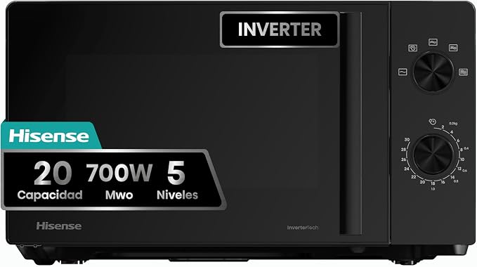 Hisense H20MOBP1HI - Microondas 20 Litros, 700W, Inverter Expert, Descongelación Rápida, Calentamiento Uniforme, Silencioso, Revestimiento Cerámico, Cristal Premium, Modo ECO, 5 Programas