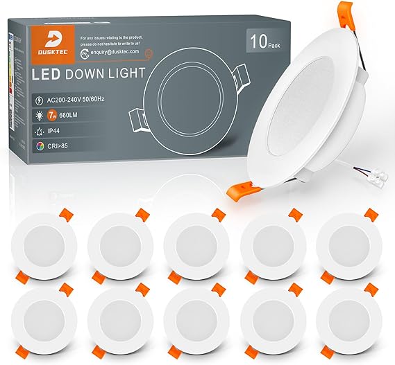 DUSKTEC Pack 10 Downlight LED Empotrable 7W 660 Lúmenes, Blanco Cálido, 230V Ojos de Buey LED para Techo Redondo, Foco LED Techo Empotrable IP44 para Baño Cocina, Corte 68-90mm