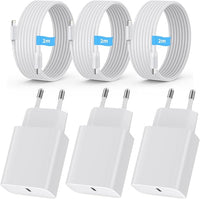 Pack de 3 Cargadores USB-C 20W + Cable de 2m USB-C/Lightning – Compatible con i-Phone 15/14/13/12 Pro MAX/Mini, Sam-Sung Galaxy S23/S22, Air-Pods Pro, i-Pad Enchufe EU Compacto Blanco