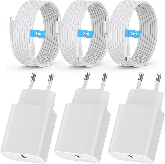 Pack de 3 Cargadores USB-C 20W + Cable de 2m USB-C/Lightning – Compatible con i-Phone 15/14/13/12 Pro MAX/Mini, Sam-Sung Galaxy S23/S22, Air-Pods Pro, i-Pad Enchufe EU Compacto Blanco