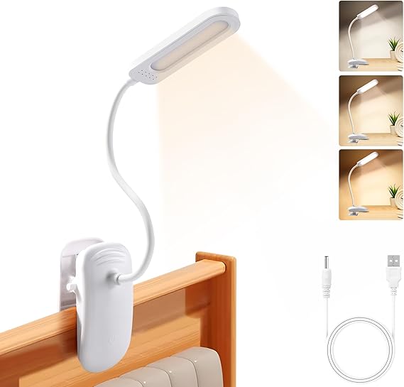 Diboniur Lampara Escritorio Pinza, Luz de Lectura con Flexo Pinza, 3 Colores y Atenuación Continua, Lampara Lectura Cama con Panel Táctil Luz de Libro Recargable para estudio y trabajo