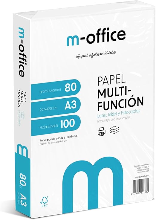 Confezione di fogli A3 80 g, confezione da 100 fogli, carta multifunzione per stampante inkjet e laser, fogli A4 297 x 420 mm, ideali per l'ufficio e la casa · m-office (100 fogli)