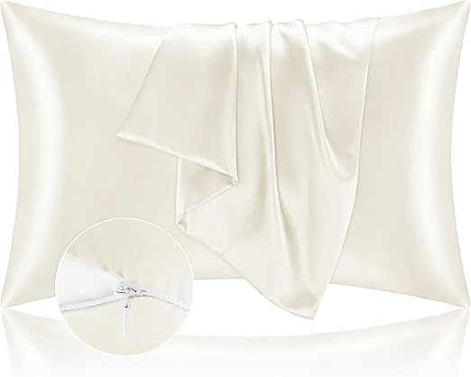 Funda de Almohada 50x70 Satén, Protector Almohada Saten para Proteger Piel y Cabello - Súpara Suave e Hipoalergénica - Juego de 2 Fundas Almohada con Cremallera Beige