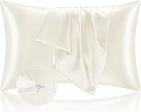 Funda de Almohada 50x70 Satén, Protector Almohada Saten para Proteger Piel y Cabello - Súpara Suave e Hipoalergénica - Juego de 2 Fundas Almohada con Cremallera Beige