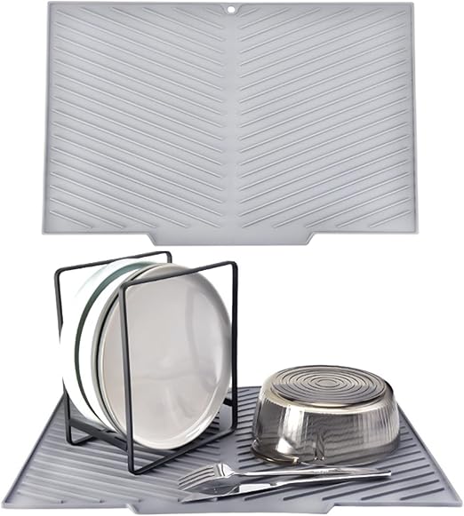 Echehi Silicona Alfombrilla Escurreplatos con Salida de Drenaje, 41,5X 31,5cm Alfombrilla Escurreplatos en Forma de V con Diseño Antideslizante, Fácil de Limpiar y sin BPA. Negro