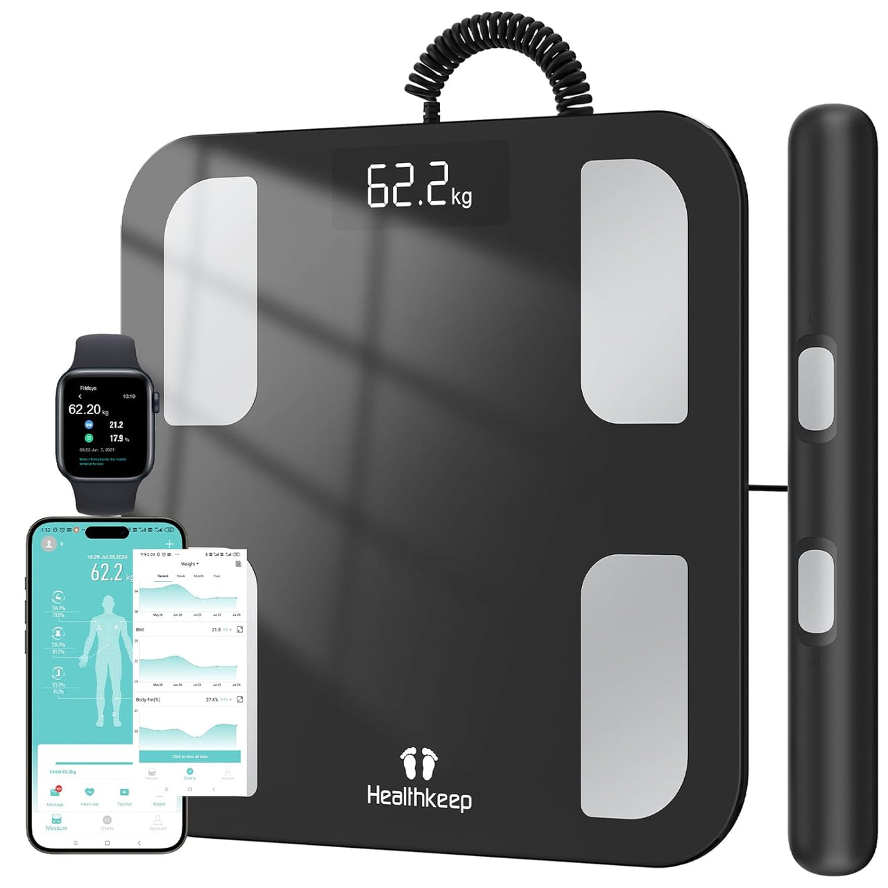 Báscula Grasa Corporal Báscula de Baño Báscula Inteligente Monitor de Composición Corporal, 18 Mediciones Esenciales, Pantalla LED, Diseño de Esquina Redonda, para Andriod y iOS, 180kg…