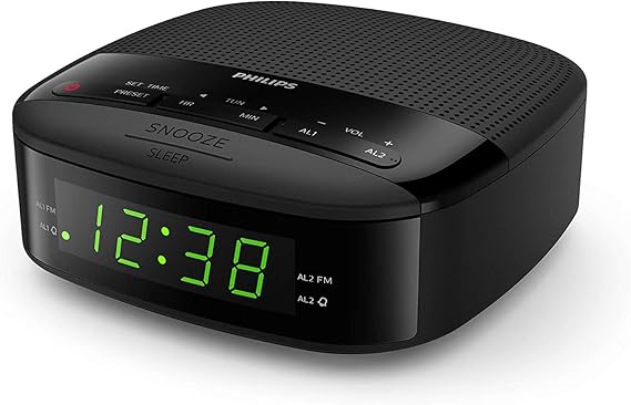 Philips Radiodespertador R3205/12 FM Radio (Alarma Dual, Temporizador, Diseño Compacto, Radio Digital FM, Batería de Reserva), Color Negro
